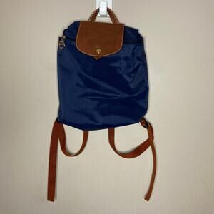Auth LONGCHAMP Le Preage Original - Navy Blue Brown Nylon Leather Backpack